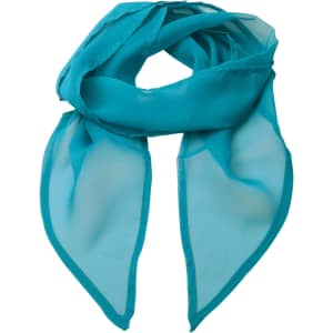 A teal chiffon scarf with a lightweight, sheer texture and pointed ends. Features a branding logo.