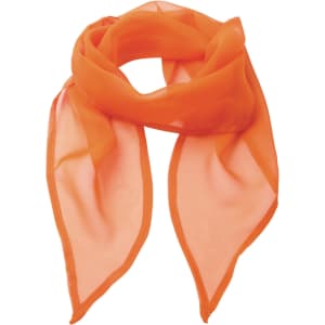 An orange chiffon scarf with a sheer, lightweight fabric, featuring pointed ends and a smooth finish.