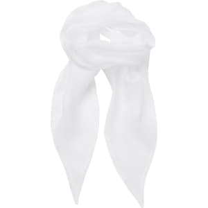A white chiffon scarf with a lightweight, flowing design, featuring a logo.