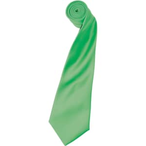 A green satin tie rolled into a spiral, showcasing its smooth texture and vibrant colour. Contains a logo.