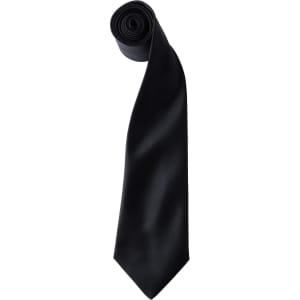 A satin tie in black, neatly rolled for display. The tie has a smooth finish and a classic shape.