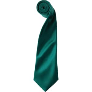 A rolled satin tie in a vibrant teal colour, featuring a smooth, polished finish and a tapered end.