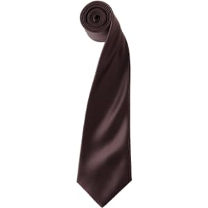 A deep brown satin tie, elegantly rolled up, showcasing its smooth texture and polished finish.
