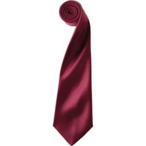 A burgundy satin tie rolled up, featuring a smooth finish and a hidden logo.