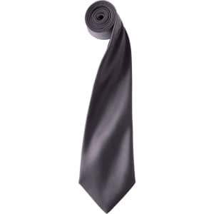 A rolled satin tie in a rich charcoal grey colour, featuring a sleek, smooth finish and a simple design.
