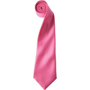 A pink satin tie rolled into a spiral shape, showcasing its smooth texture and vibrant colour. It features a logo.