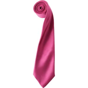 A pink satin tie rolled neatly, featuring a smooth texture and a subtle sheen. The tie has a logo prominently displayed.