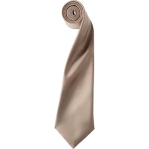 A rolled satin tie in a soft beige colour with a subtle sheen, featuring a logo.
