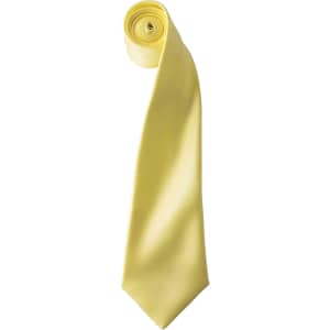 A rolled yellow satin tie, featuring a smooth texture and a tapered end, with a logo visible.