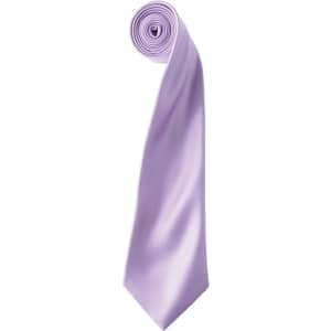 A lilac satin tie neatly rolled, featuring a smooth finish and a pointed tip, with a logo visible.