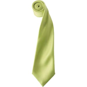 A pale green satin tie, neatly rolled, featuring a smooth, shiny finish and a branding logo.