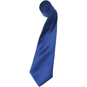 A satin tie in a rich royal blue colour, elegantly rolled and showcasing its smooth texture. It features a logo.