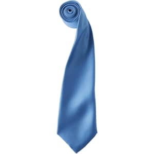 A satin tie in a light blue colour, featuring a rolled design. It has a logo on the fabric.
