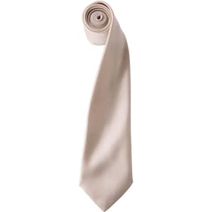 A rolled satin tie in a soft beige colour with a smooth finish and a narrow design.