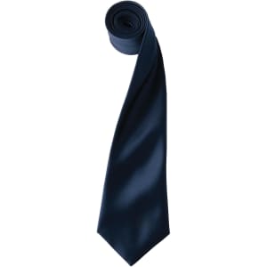 A satin tie in a deep navy blue, elegantly rolled and featuring a logo.
