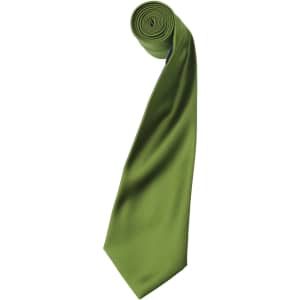 A green satin tie, neatly rolled, featuring a logo on the fabric.