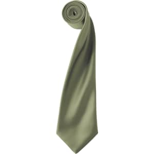 A rolled olive green satin tie with a smooth finish. The tie displays a simple design and has a logo.