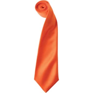 An orange satin tie displayed in a rolled position, featuring a smooth texture and a sleek design.