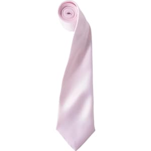 A pink satin tie rolled neatly, featuring a smooth texture and tapered end. It has a logo on the tag.