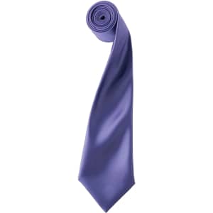 A purple satin tie rolled neatly, featuring a smooth finish and a pointed tip. It includes a logo.