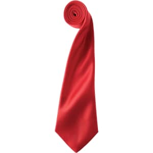 A red satin tie neatly rolled up, featuring a smooth and shiny texture. It has a logo on the surface.