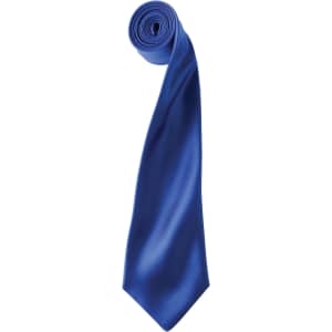 A blue satin tie in a rolled position, featuring a smooth, shiny finish and a pointed tip.