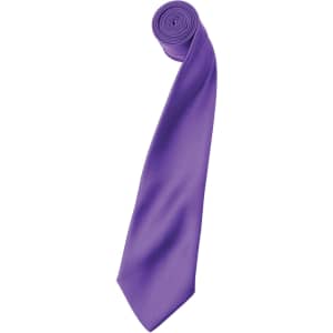 A purple satin tie rolled neatly, featuring a smooth texture and a classic shape, with a logo visible.