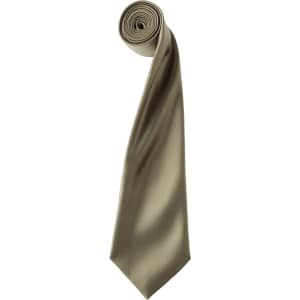 A rolled satin tie in a muted olive green colour with a smooth finish and a logo at one end.