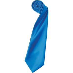 A rolled blue satin tie with a smooth finish, featuring a branded logo.