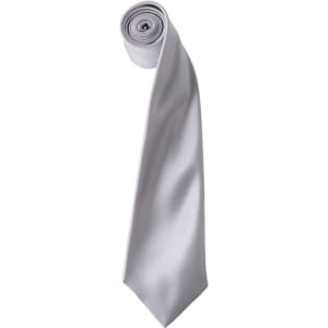A satin tie in light grey, rolled and displayed vertically with a smooth finish. Features a logo.