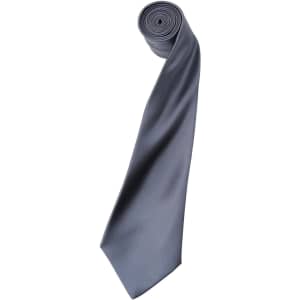 A rolled satin tie in a sleek grey colour, featuring a smooth, shiny finish. The tie has a branding logo.