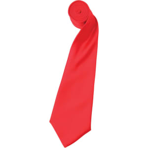 A red satin tie, neatly rolled, featuring a smooth texture and a clean finish. It includes a logo.