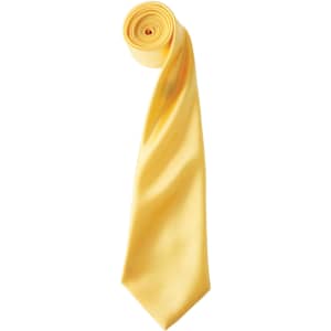 A yellow satin tie rolled neatly, featuring a smooth finish and a branding logo.