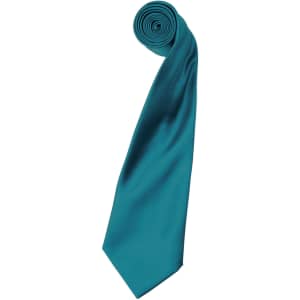 A satin tie in a vibrant teal colour, rolled neatly for display. Features a logo branding.