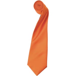 An orange satin tie rolled up neatly, showcasing its smooth texture and vibrant colour. It includes a logo.