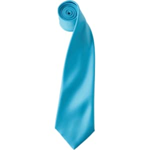 A rolled satin tie in bright turquoise, featuring a smooth finish and a simple design. It has a logo.