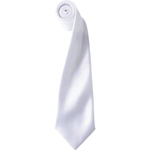 A white satin tie neatly rolled, featuring a smooth texture and a tapered end. Includes a logo.