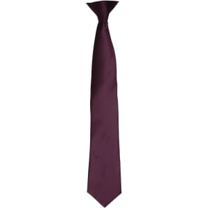 A burgundy satin clip tie with a sleek, smooth finish and a small logo at the top.