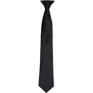 A satin black tie with a sleek design, featuring a subtle branding logo.