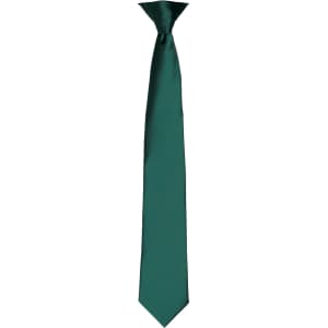A satin tie in a rich teal colour, featuring a sleek, simple design with a branded logo.