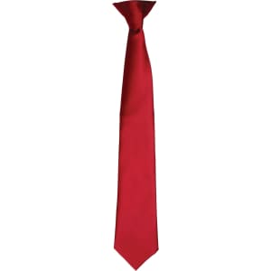 A red satin clip tie featuring a sleek design and a branding logo.