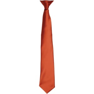 An orange satin clip tie with a sleek design and a shiny finish, featuring branding.