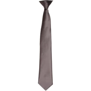 A satin clip tie in a sleek shade of grey with a glossy finish and a branding logo.