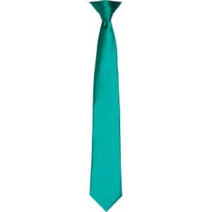A teal satin clip tie with a smooth finish, featuring a clip attachment.