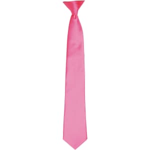 A pink satin clip tie with a smooth finish and a narrow design. It features a logo at the base.