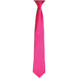 A vibrant pink satin clip tie with a sleek design and a branding logo.