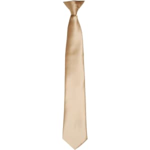 A satin clip tie in a light beige colour, featuring a smooth, glossy finish and a branding logo.