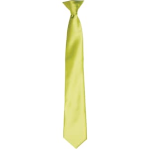 A satin clip tie in a bright lime green colour, featuring a smooth finish and a standard tie shape.