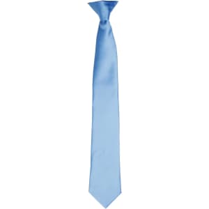 A sleek, satin tie in a soft blue colour, featuring a simple design and a branding logo.