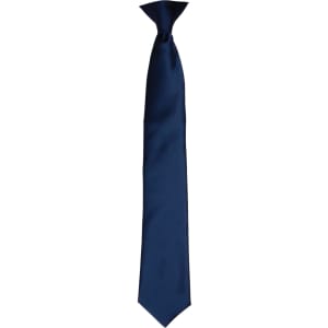 A navy satin clip tie hanging vertically, featuring a smooth finish and a sleek design. Includes a logo.